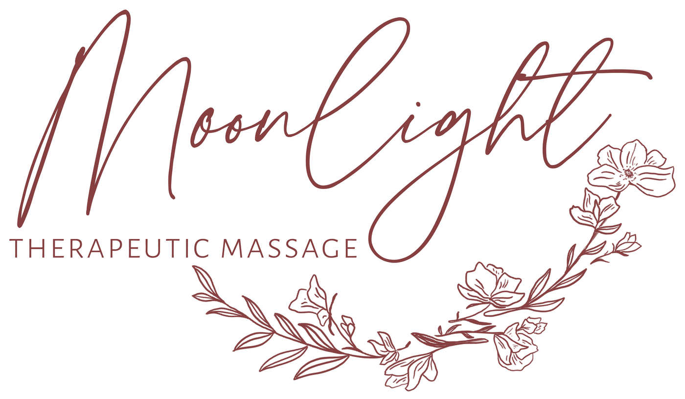 Moonlight Therapeutic Massage — wine script wordmark with a floral wreath
